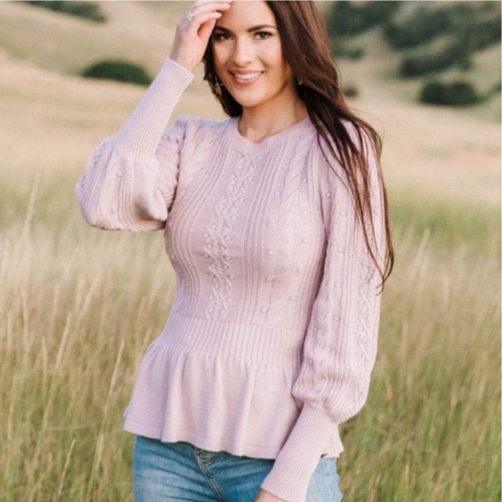 Rachel Parcell Pink Cable Knit Peplum Sweater Womens XS Balloon Sleeve Pullover‎
